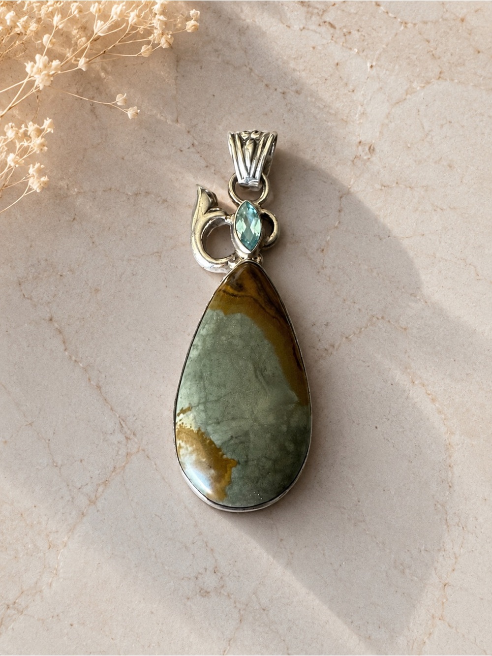Blue topaz and Jasper Sterling Silver Pendant Teardrop Necklace Piece Jewelry